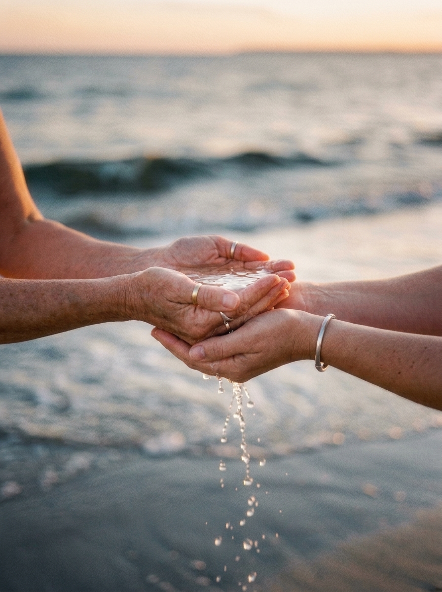 Hands holding seawater at golden hour